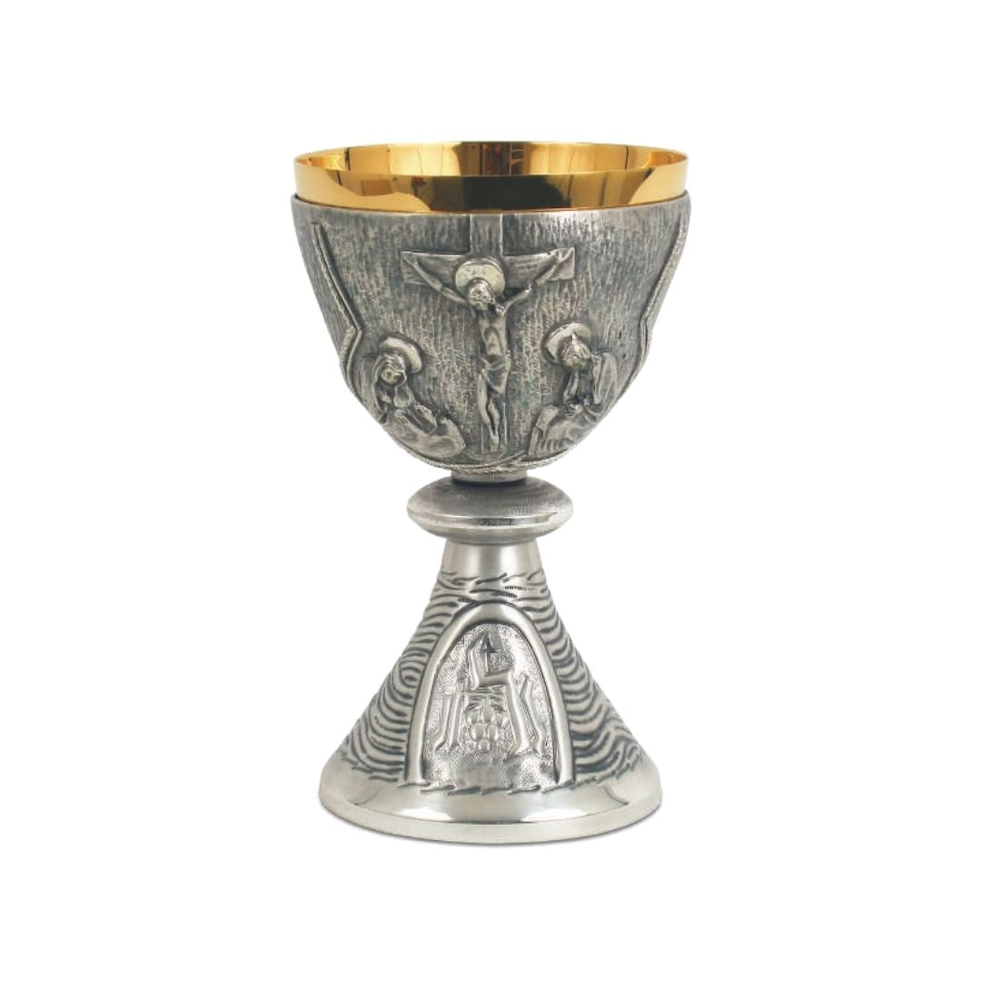 Chalice with chiseled  Crucifixion and Chi Rho motif in a Bi-Color or Silver finish