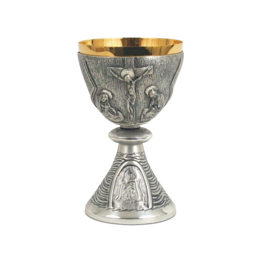 Chalice with chiseled  Crucifixion and Chi Rho motif in a Bi-Color or Silver finish