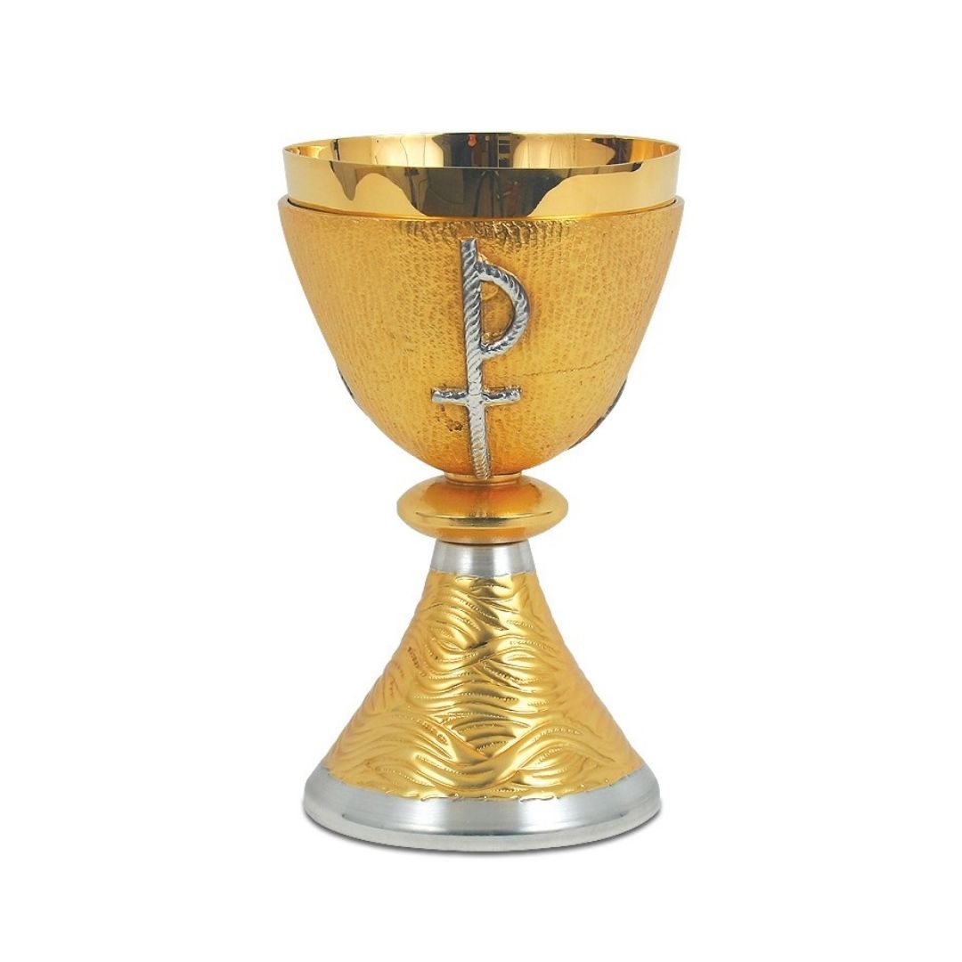 Chalice with chiseled  Crucifixion and Chi Rho motif in a Bi-Color or Silver finish