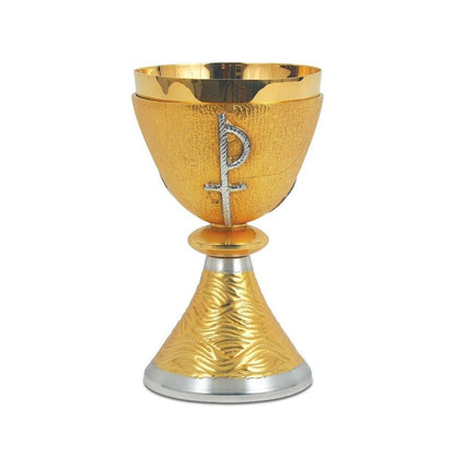 Chalice with chiseled  Crucifixion and Chi Rho motif in a Bi-Color or Silver finish