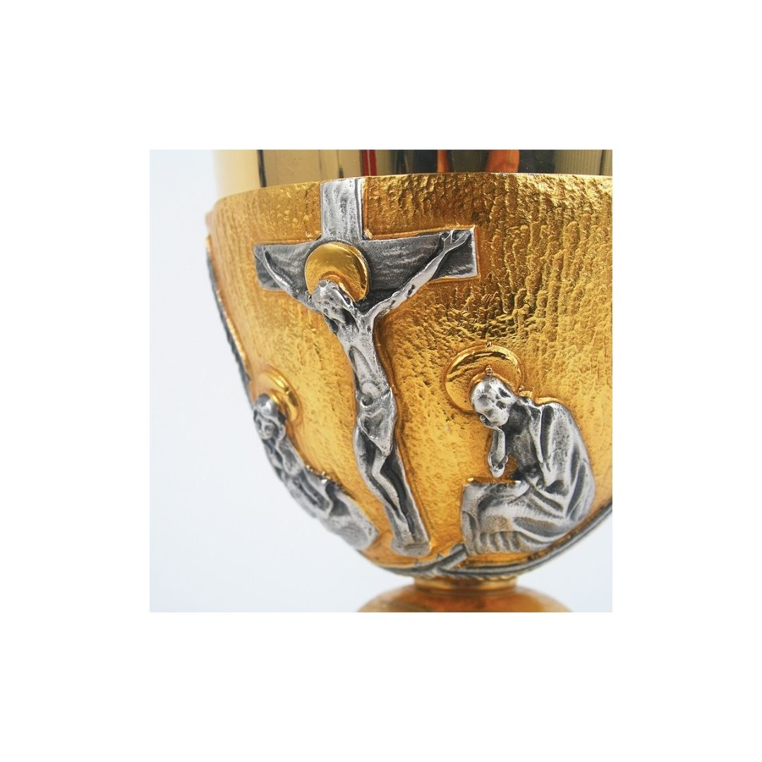 Chalice with chiseled  Crucifixion and Chi Rho motif in a Bi-Color or Silver finish