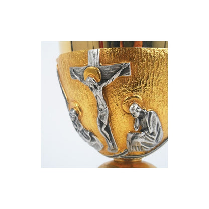 Chalice with chiseled  Crucifixion and Chi Rho motif in a Bi-Color or Silver finish