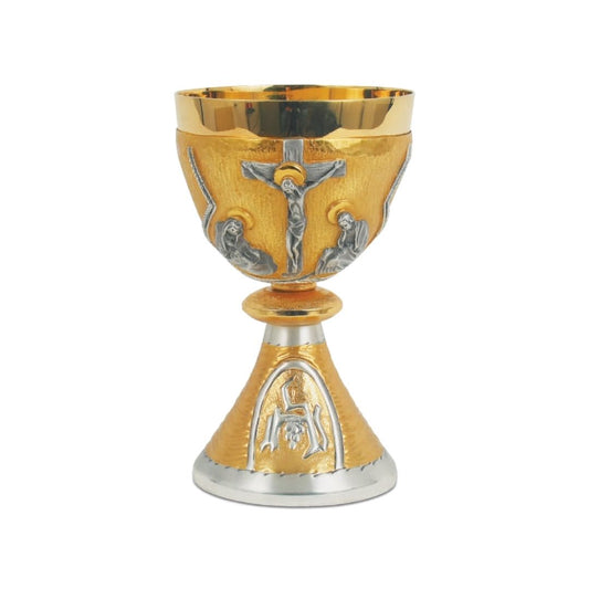 Chalice with chiseled  Crucifixion and Chi Rho motif in a Bi-Color or Silver finish