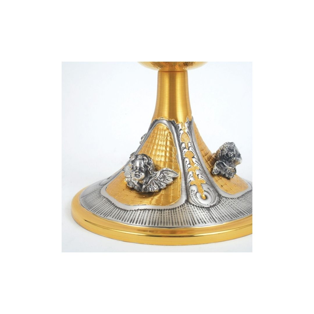 Chalice gold plated with hand-chiseled images of Angels in a bi-color finish.