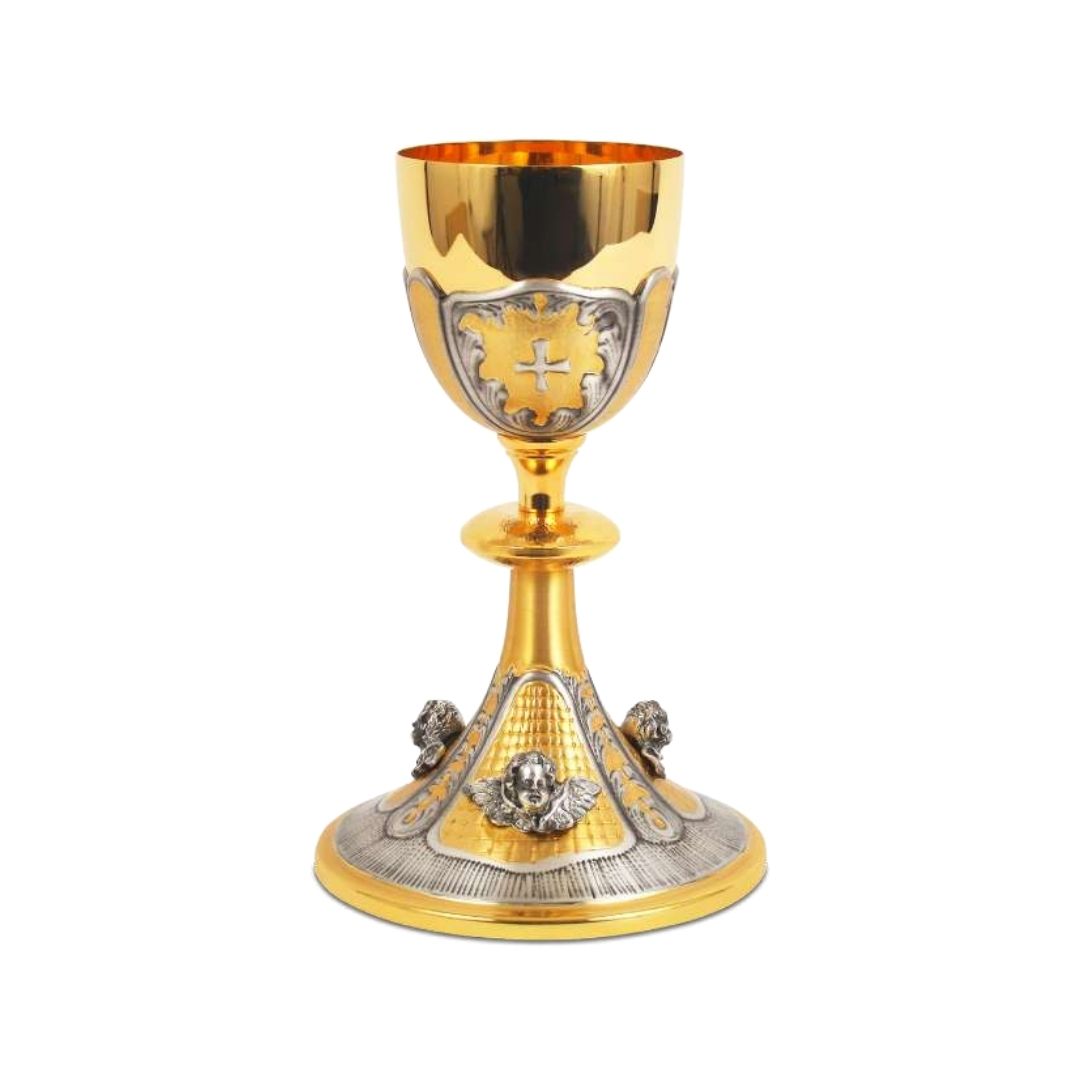 Chalice gold plated with hand-chiseled images of Angels in a bi-color finish.