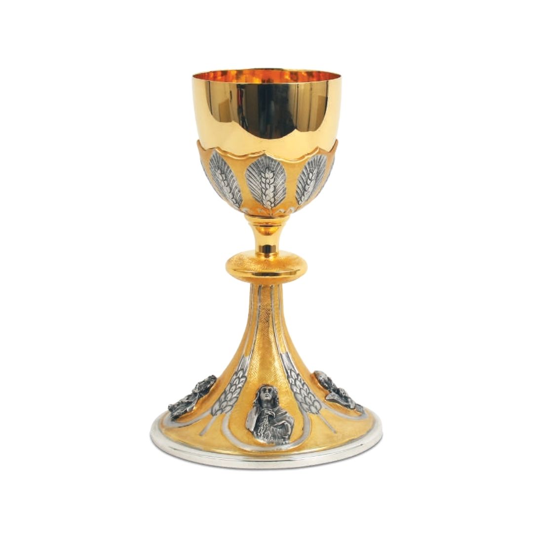 Chalice gold plated with images of the 4 Evangelists and wheat motifs in a bi-color finish.