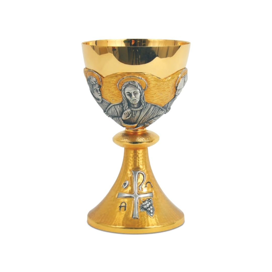 Chalice with chiseled  Last Supper motif in a Bi-Color or Silver finish
