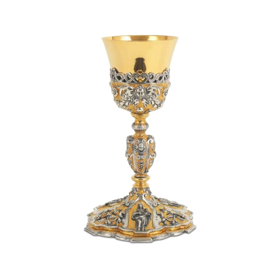 Chalice bi-color castwork in  gold plated with images of Saints and Angels. 