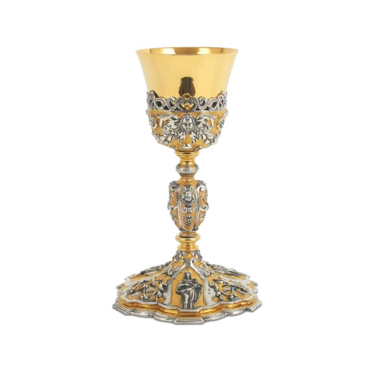 Chalice bi-color castwork in  gold plated with images of Saints and Angels. 