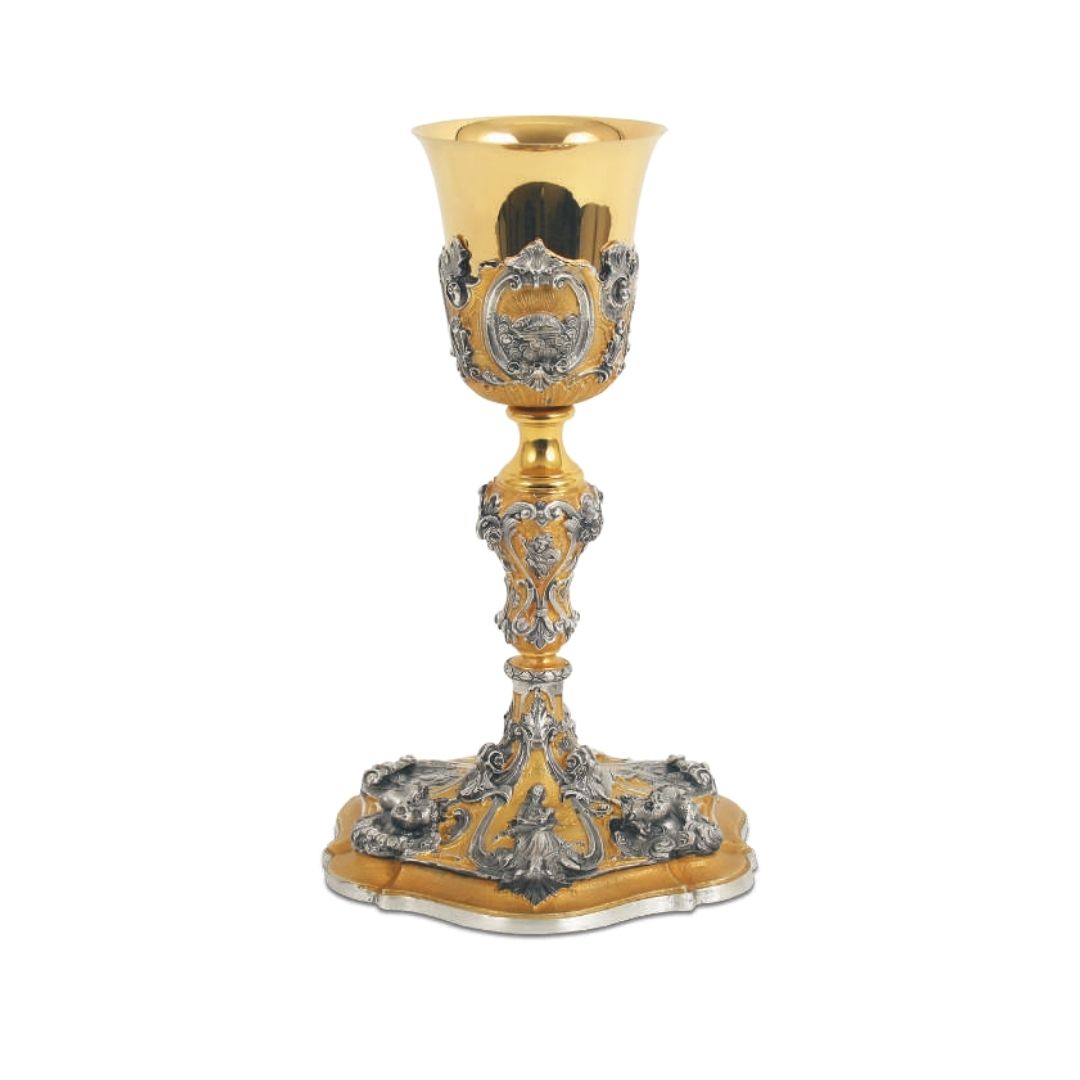 Chalice bi-color castwork in  gold plated with images of Saints and Angels. 