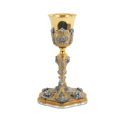Chalice bi-color castwork in  gold plated with images of Saints and Angels. 