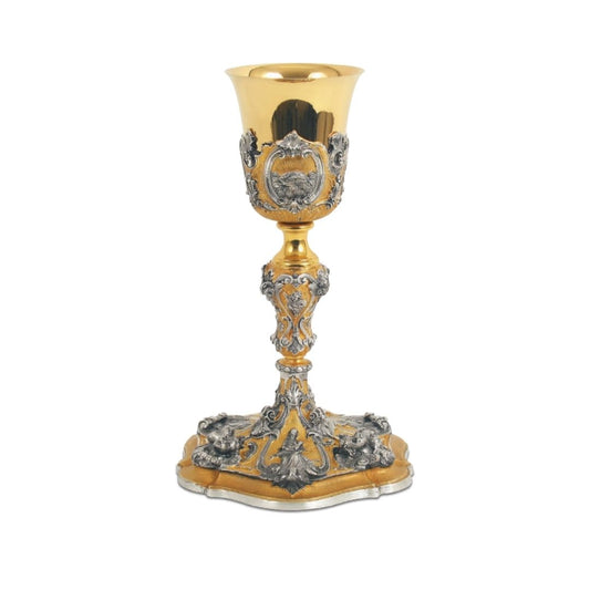 Chalice bi-color castwork in  gold plated with images of Saints and Angels. 