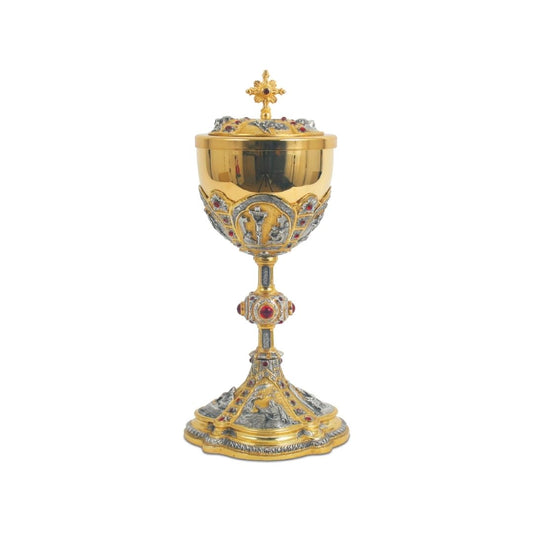 Ciborium bi-color gold plated with biblical motives and stones.