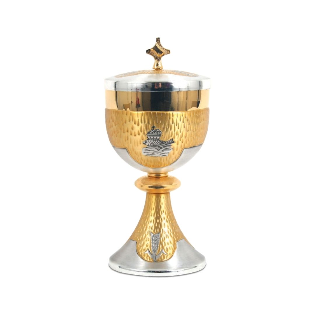 Ciborium with chiseled  Fish and Wheat motif in a Bi-Color finish