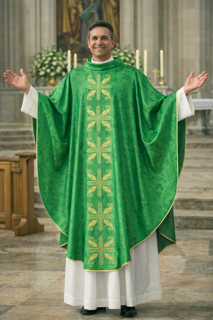 Priest in a green liturgical vestment with gold embroidery in a cathedral setting