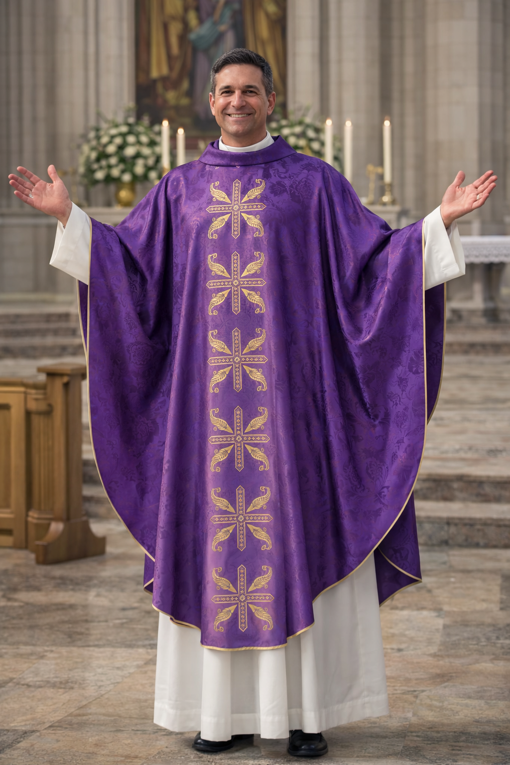 Priest in a purple liturgical vestment with gold patterns in a cathedral setting.