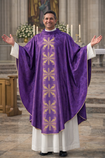 Priest in a purple liturgical vestment with gold patterns in a cathedral setting.