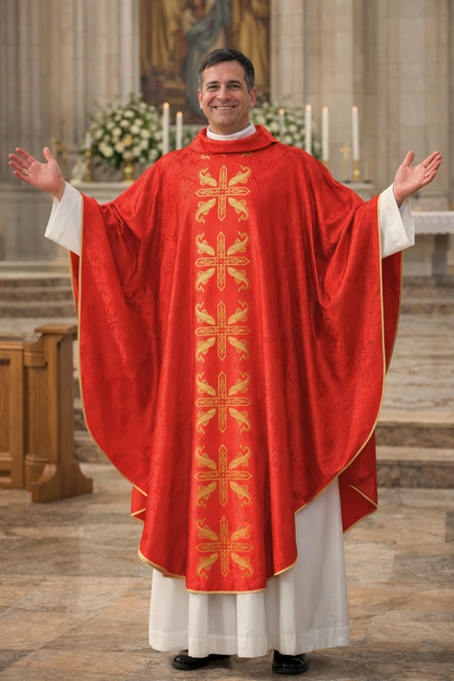 Priest in red liturgical vestment with gold patterns in a church setting