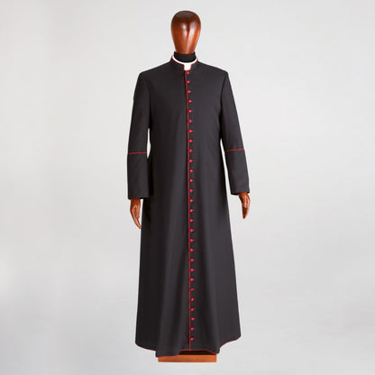Roman clerical cassock in black with contrasting buttons and silk piping. Made in Italy and sold by The Clergy Store