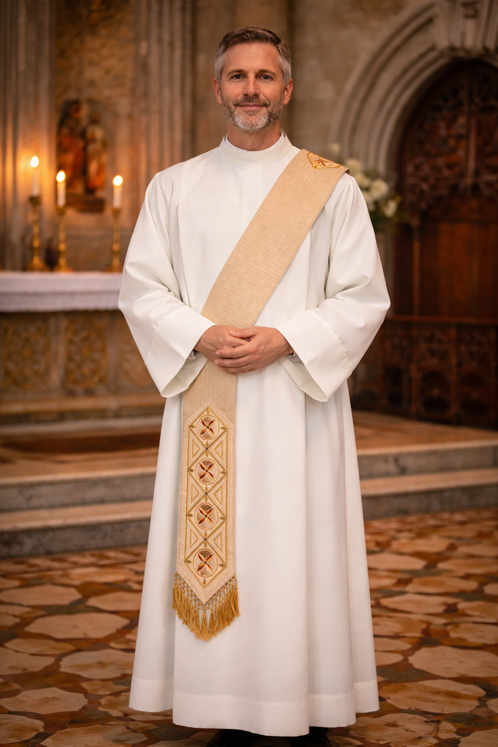 Deacon in white robe with a decorative deacon stole in a church setting