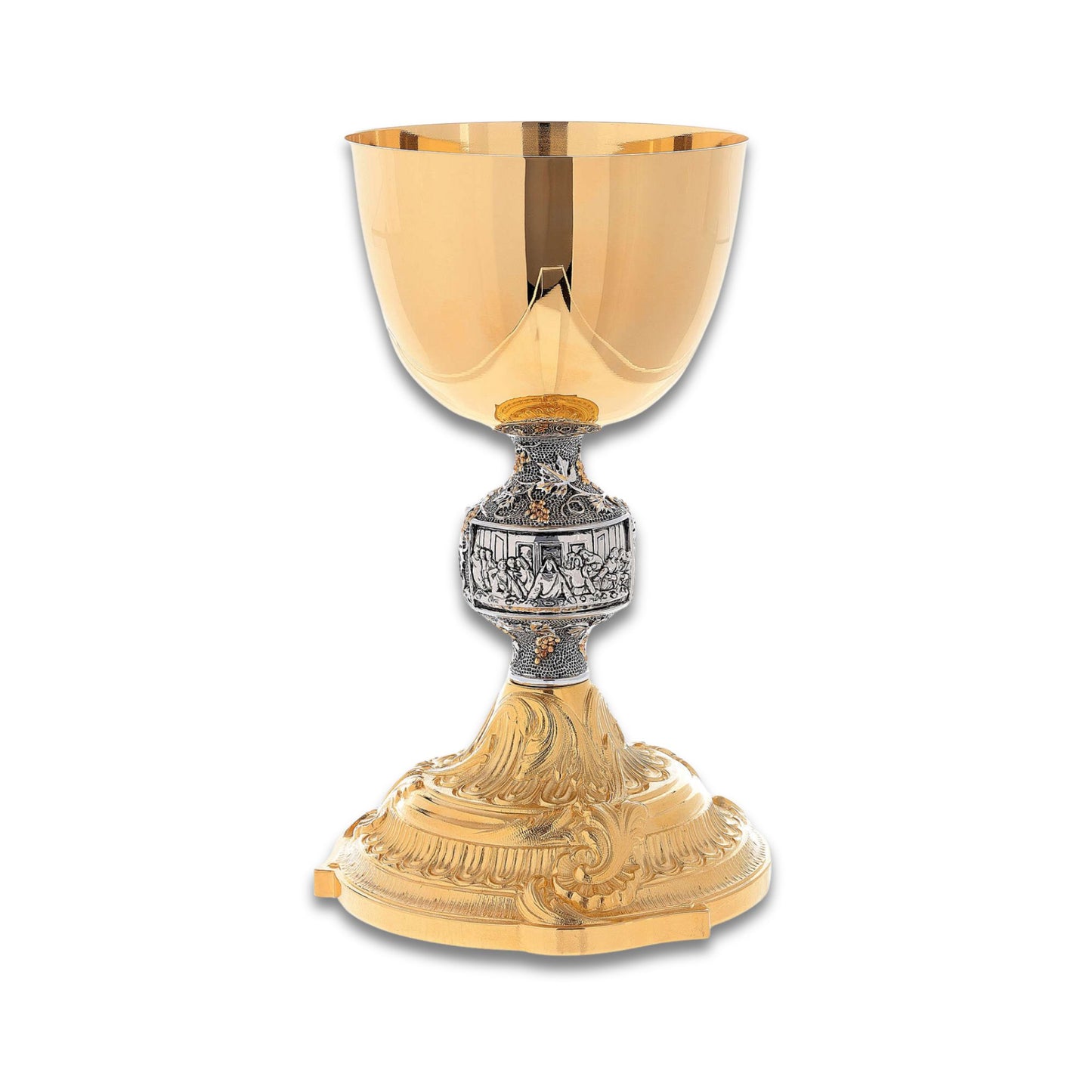 Chalice with the Last Supper relief around the node. Hammered gold plated brass. Made in Italy and sold by The Clergy Store