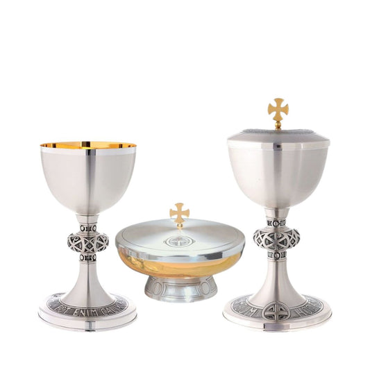 Chalice, Ciborium and Bowl Paten set with chi rho node and inscription  Made in Italy and sold by The Clergy Store