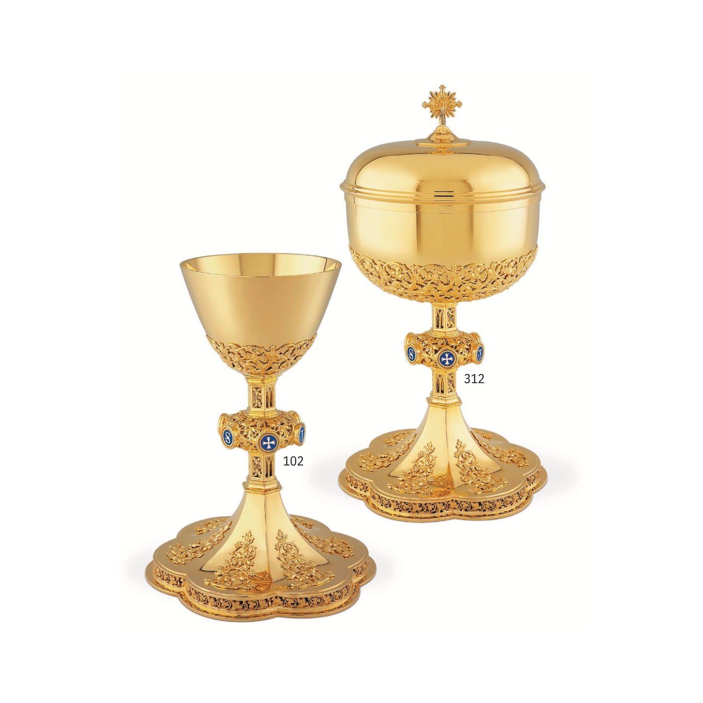 Chalice & Ciborium set neo-gothic style with blue enameled letters JESUS on node, Sold by The Clergy Store