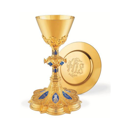 Chalice & Dish Paten in neo-gothic style with enameled medallions of 
the Holy Family , 9 7/8” Ht. sold by The Clergy Store