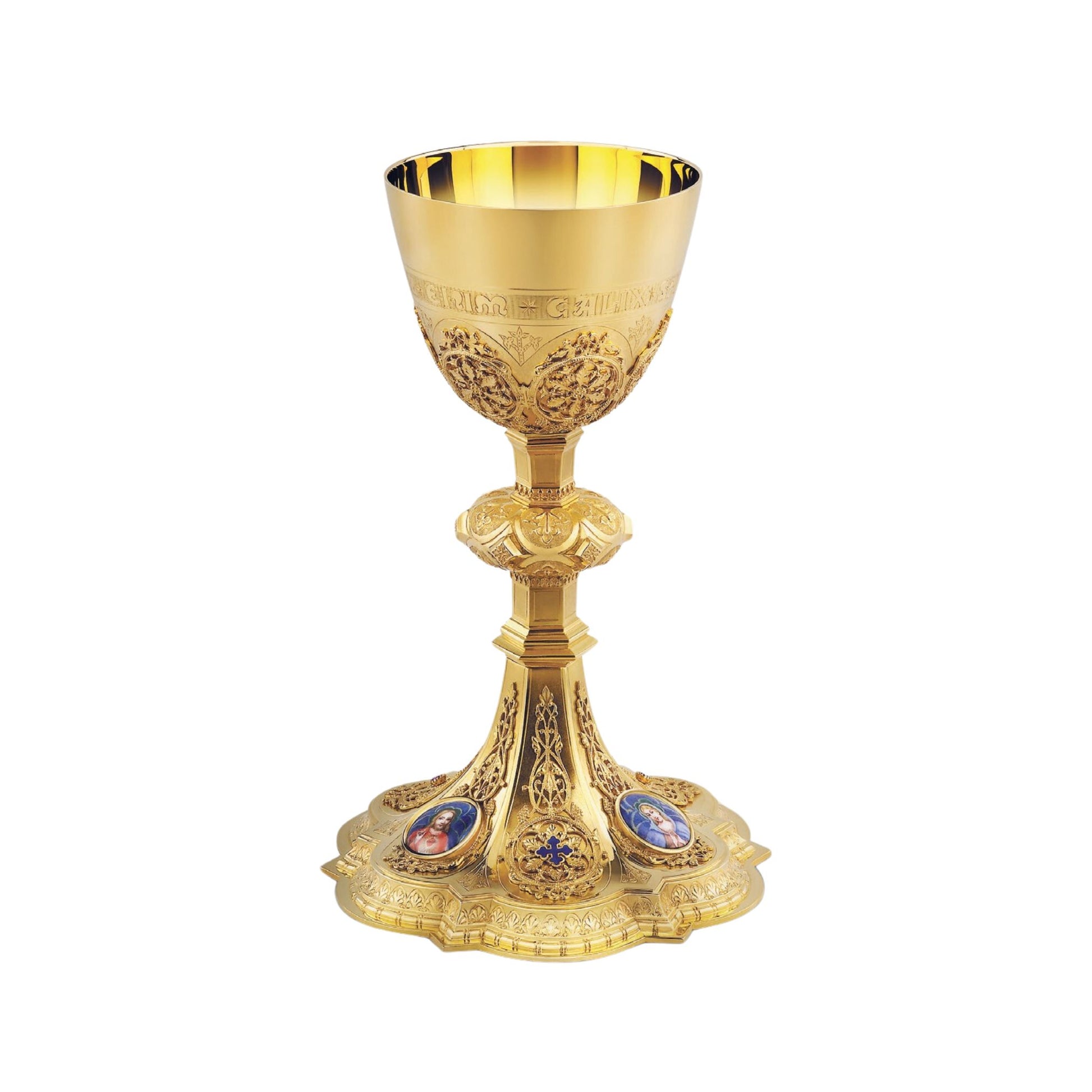 Chalice & Dish Paten in neo-gothic style with enameled medallions of 
the Holy Family and cup inscription: “HIC EST ENIM CALIX SANGUINIS 
MEI” ,  8 5/8” Ht. sold by The Clergy Store