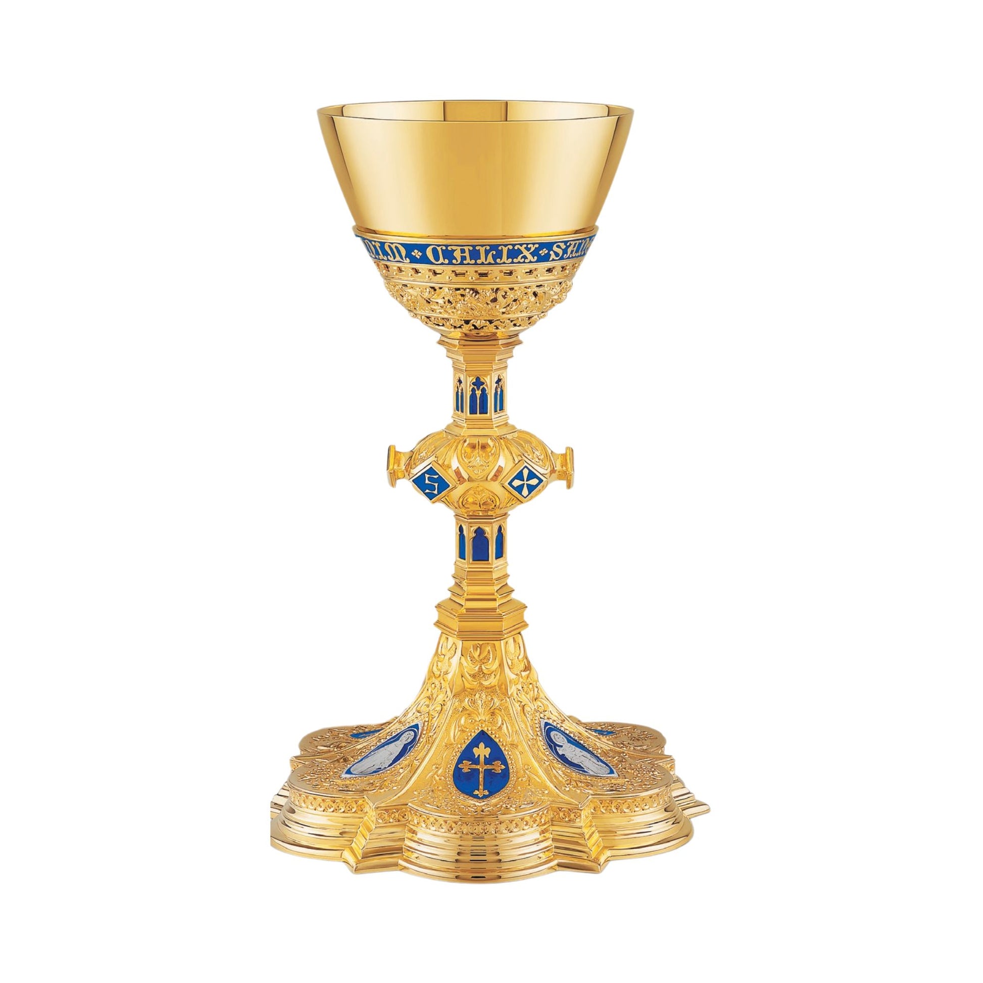 Chalice & Dish Paten in neo-gothic style with enameled medallions of 
the Holy Family and cup inscription: “HIC EST ENIM CALIX SANGUINIS 
MEI” 9 7/8” Ht. Sold by The Clergy Store