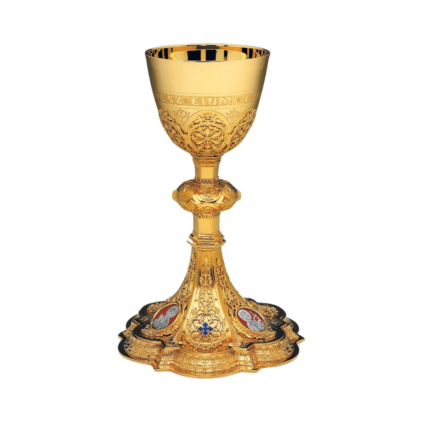 Chalice & Dish Paten in neogothic style with medallions of the Holy 
Family and cup inscription: “HIC  EST  ENIM  CALIX  SANGUINIS  MEI” sold by The Clergy Store