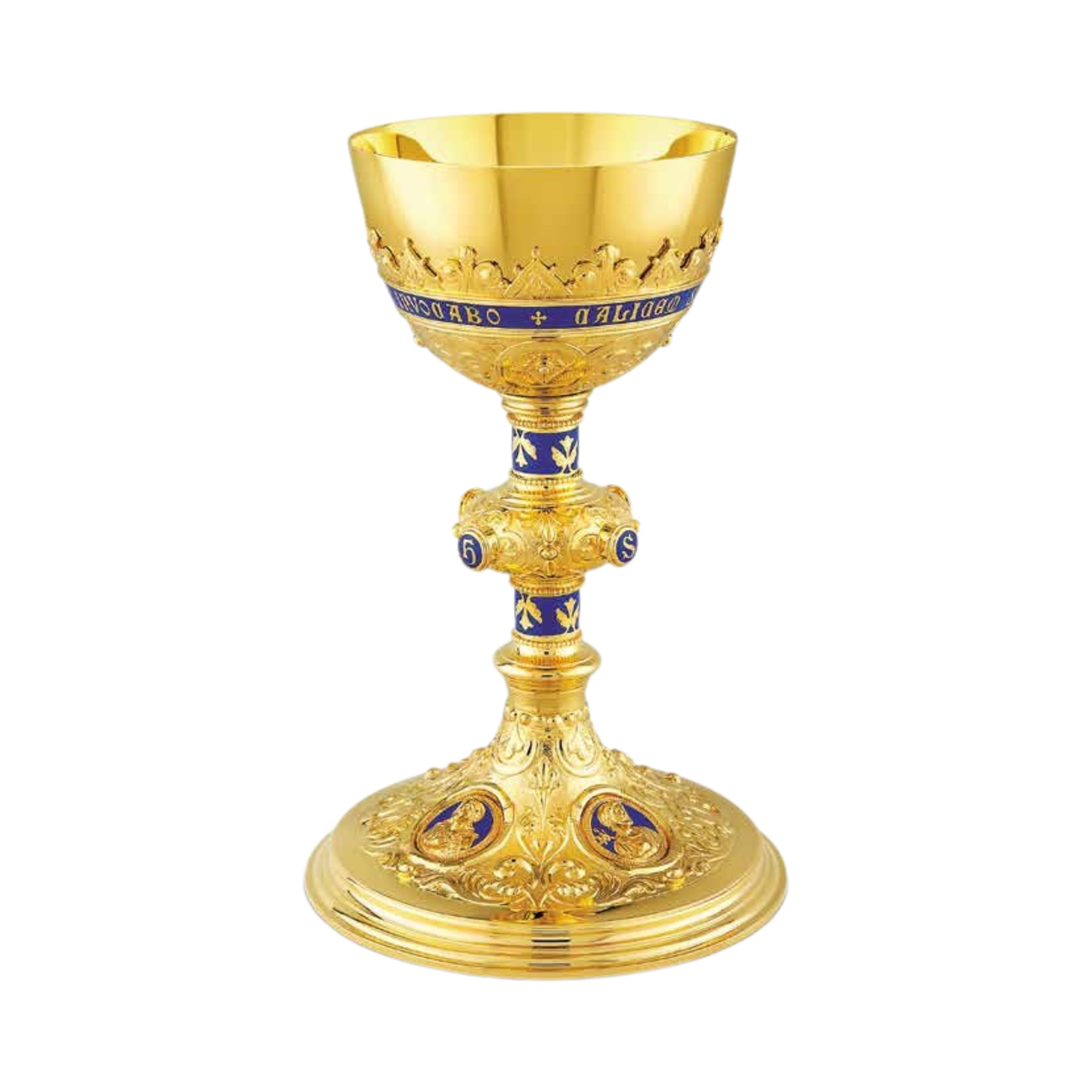 Chalice & Dish Paten style with enameled medallions of 
the Holy Family , 9 1/2” Ht. sold by The Clergy Store