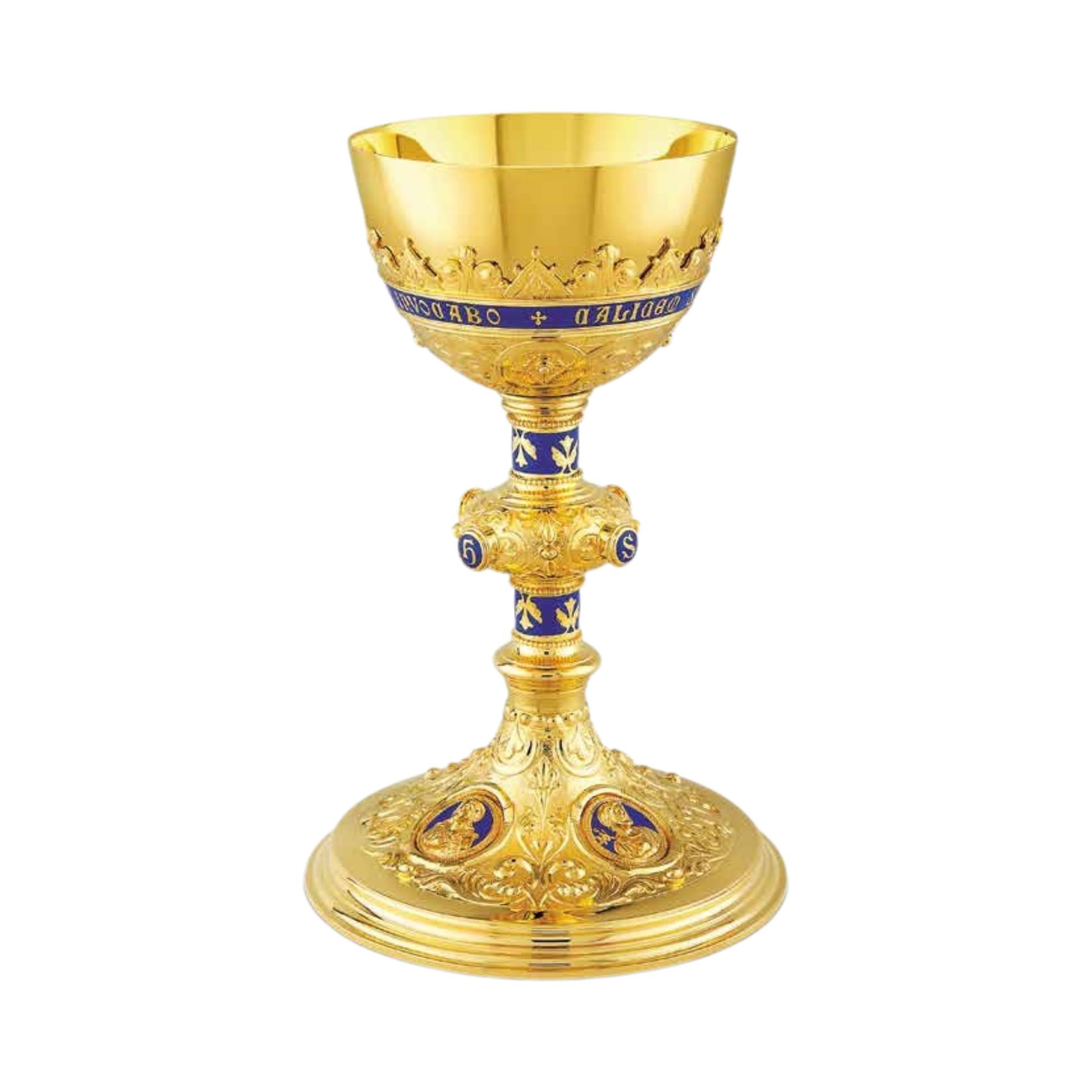 Chalice & Dish Paten style with enameled medallions of 
the Holy Family , 9 1/2” Ht. sold by The Clergy Store