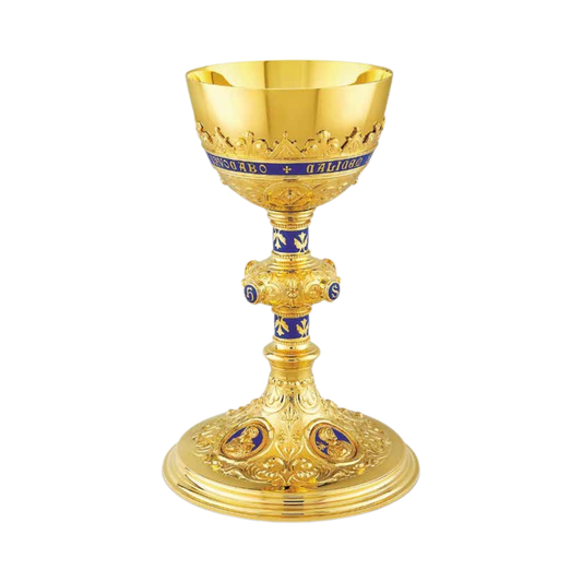 Chalice & Dish Paten style with enameled medallions of 
the Holy Family , 9 1/2” Ht. sold by The Clergy Store