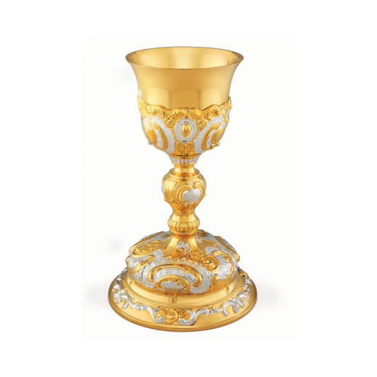 Chalice & Paten in baroque style. 9" height, Made in Poland and sold by The Clergy Store