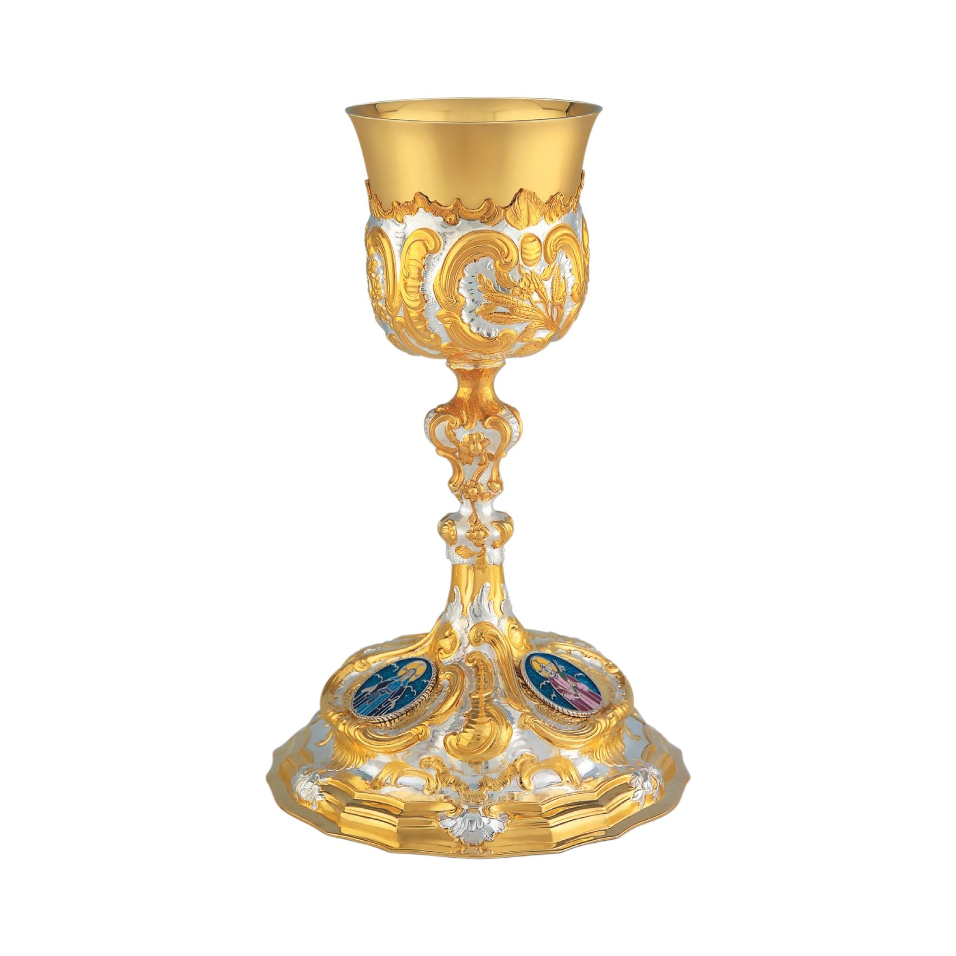 Chalice & Paten in baroque style with medallions of the Holy Family,  Made in Poland and sold by The Clergy Store