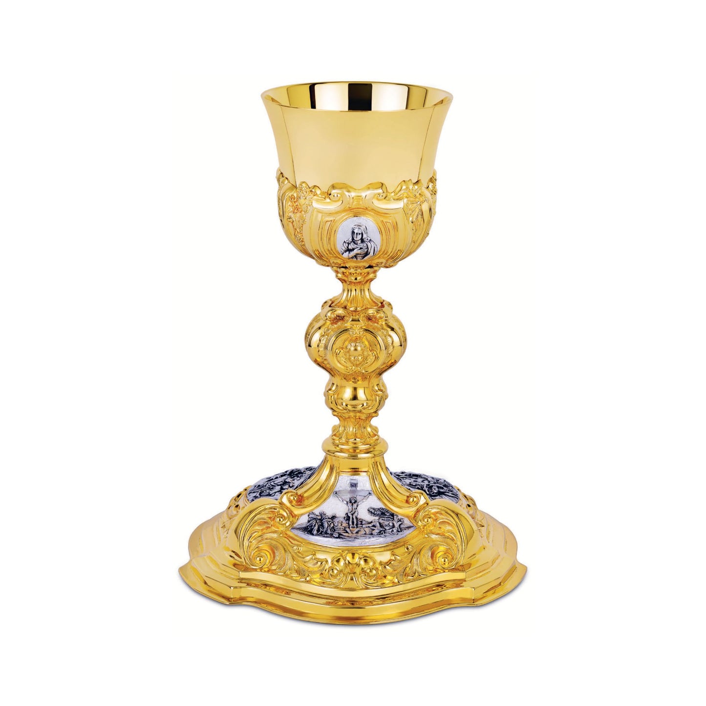 Chalice & Paten in baroque style with scenes from the New Testament 10” Ht.sold by The Clergy Store