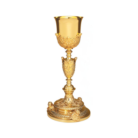 Chalice & Paten in empire style with angel figures, 11 3/4” Ht. sold by The Clergy Store