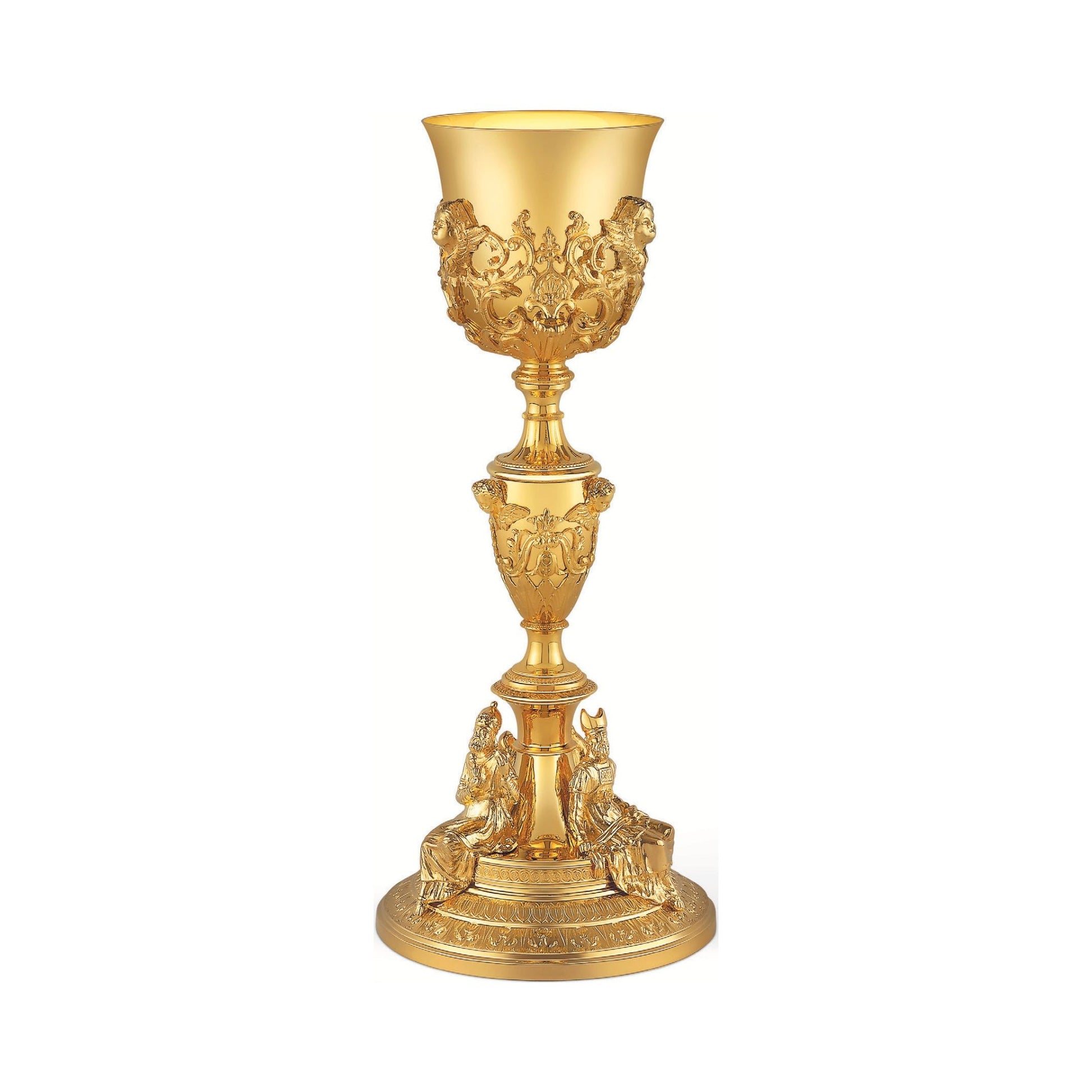 Chalice & Paten in empire style with the Old Testament characters: Moses, Melchizedek and David, 12” Ht. sold by The Clergy Store