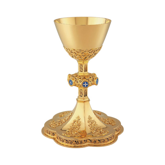 Chalice & Paten in neo-gothic style with blue enameled letters JESUS on node, sold by The Clergy Store
