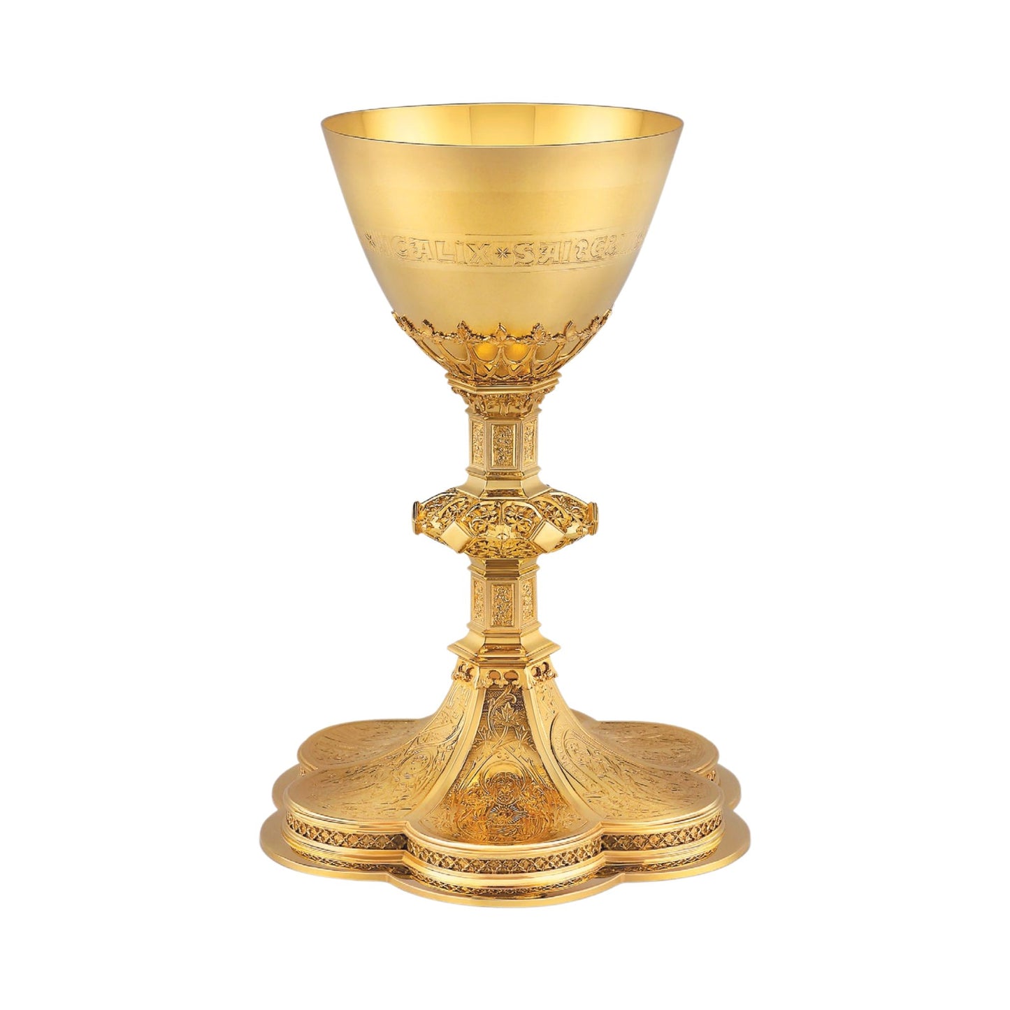 Chalice & Paten in neo-gothic style with engraved images saints and 
cup inscription:: “HIC EST ENIM CALIX SANGUINIS MEI” , 8 5/8” Ht. sold by The Clergy Store