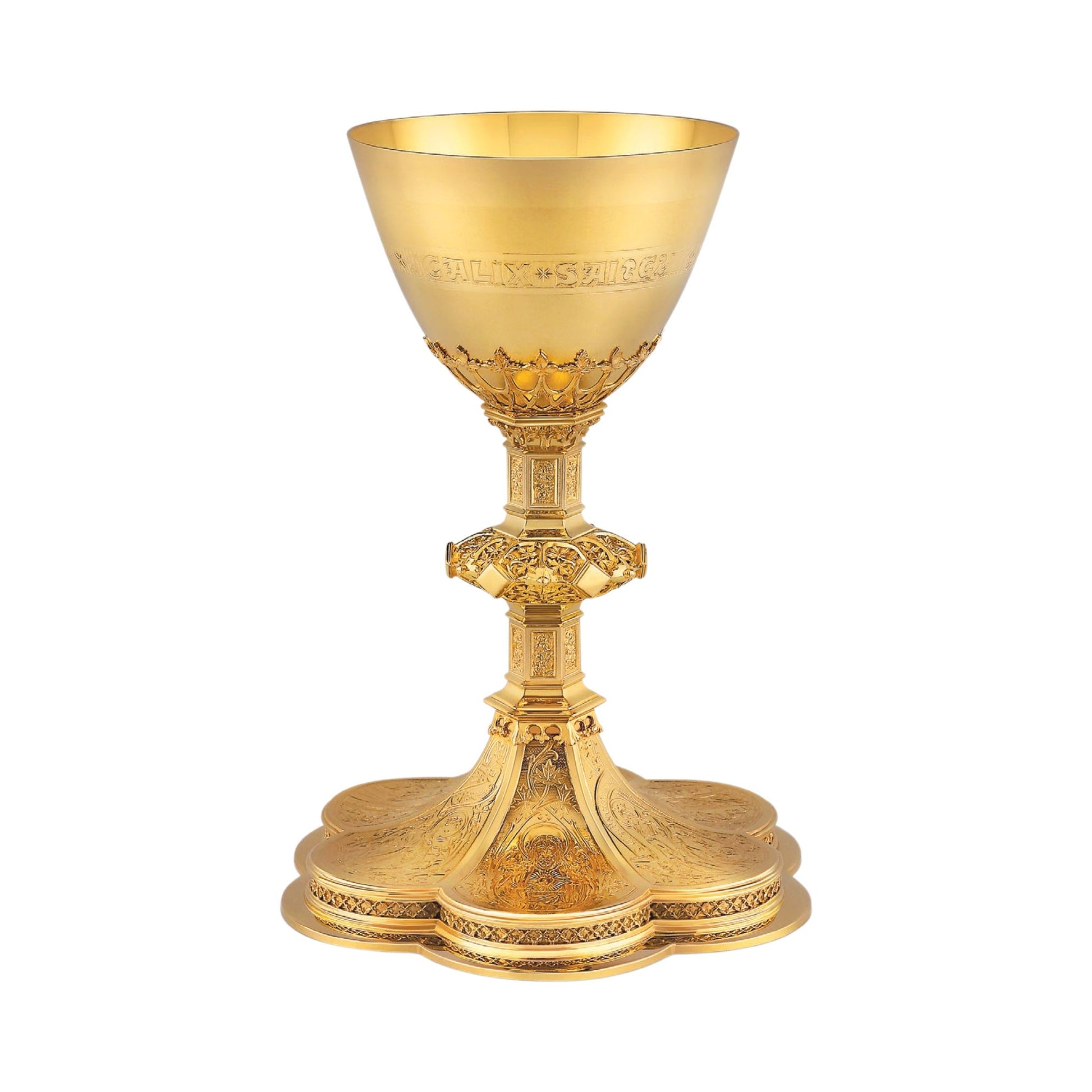 Chalice & Paten in neo-gothic style with engraved images saints and 
cup inscription:: “HIC EST ENIM CALIX SANGUINIS MEI” , 8 5/8” Ht. sold by The Clergy Store