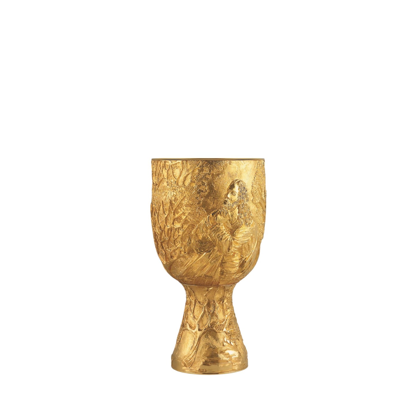 Chalice & Paten with Ring in modern style with image of Jesus in the Garden of Olives, 7 7/8” Ht. sold by The Clergy Store