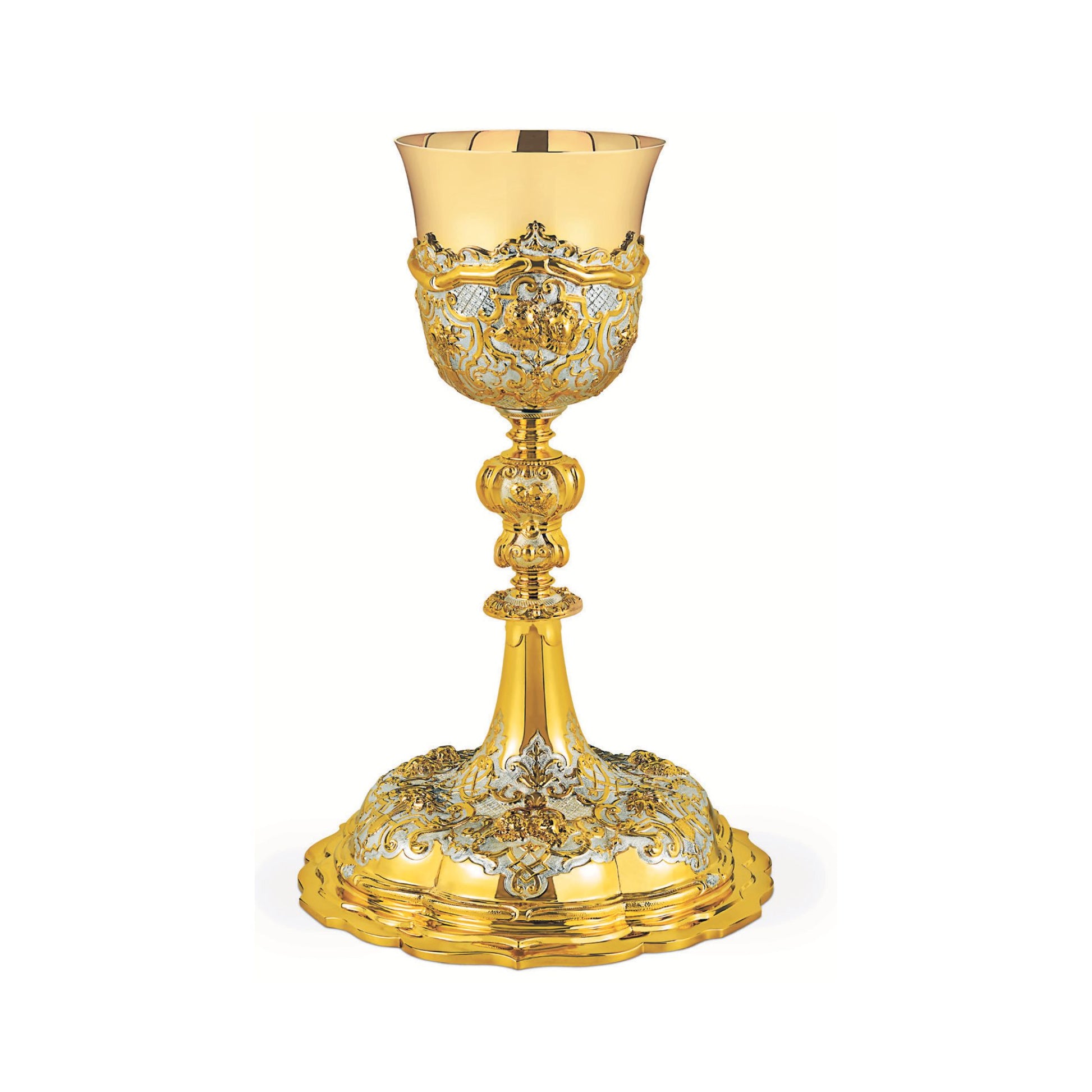 Chalice & Scale Paten in baroque style, 11” Ht. sold by The Clergy Store