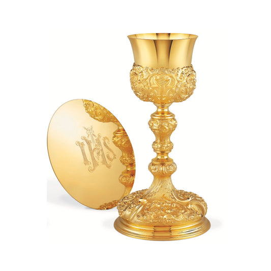 Chalice  &  Scale Paten in baroque style with images of the Passion tools, 11” Ht.  Made in Poland and sold by The Clergy Store