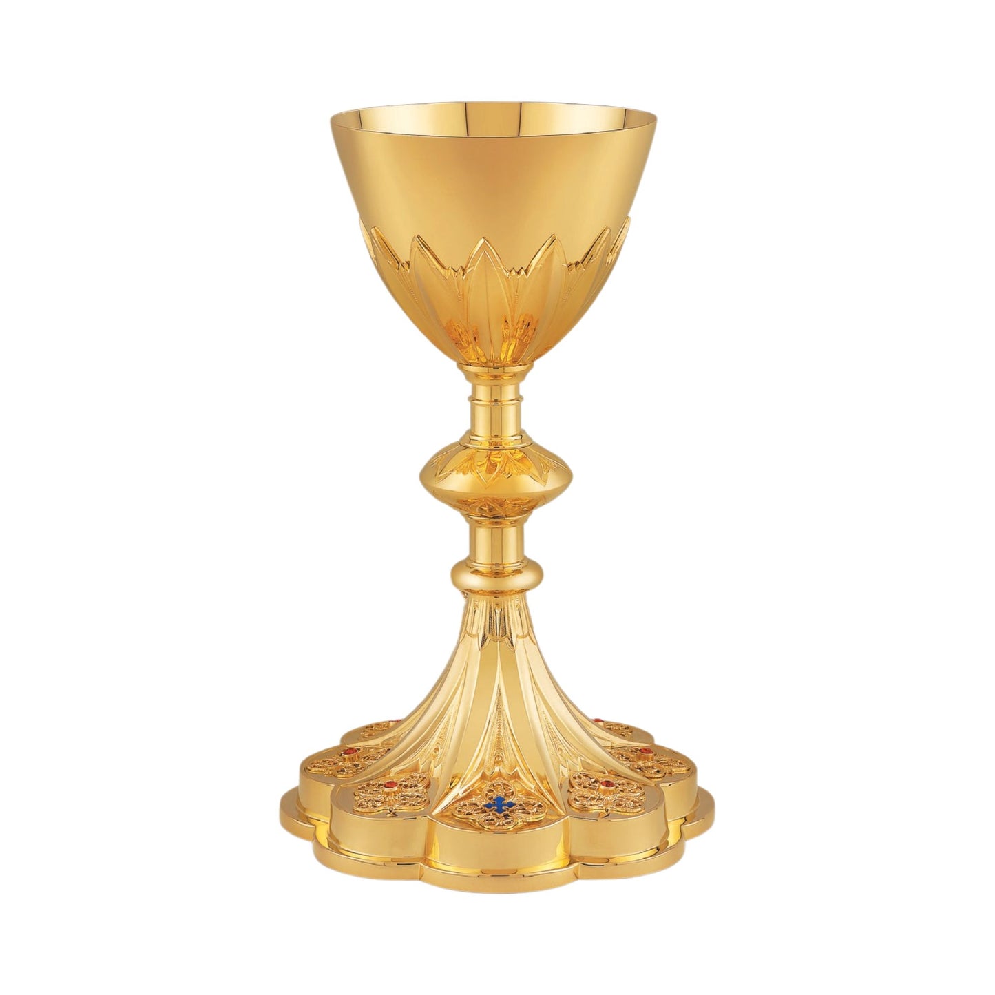 Chalice & Scale Paten in neo-gothic style inspired by French chalices 
from the late 19th and the early 20th centuries,  9 1/4” Ht. Sold by The Clergy Store