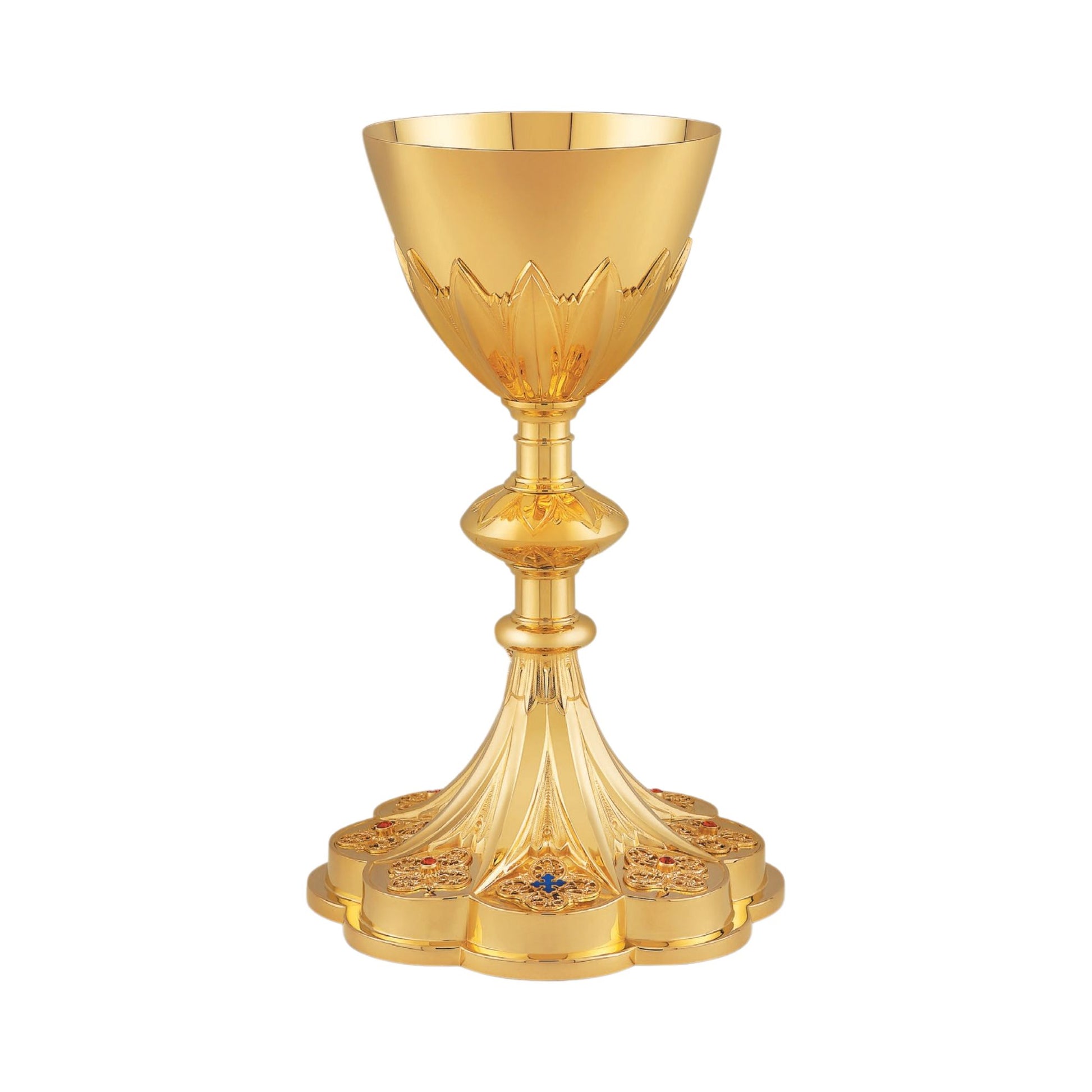 Chalice & Scale Paten in neo-gothic style inspired by French chalices 
from the late 19th and the early 20th centuries,  9 1/4” Ht. Sold by The Clergy Store
