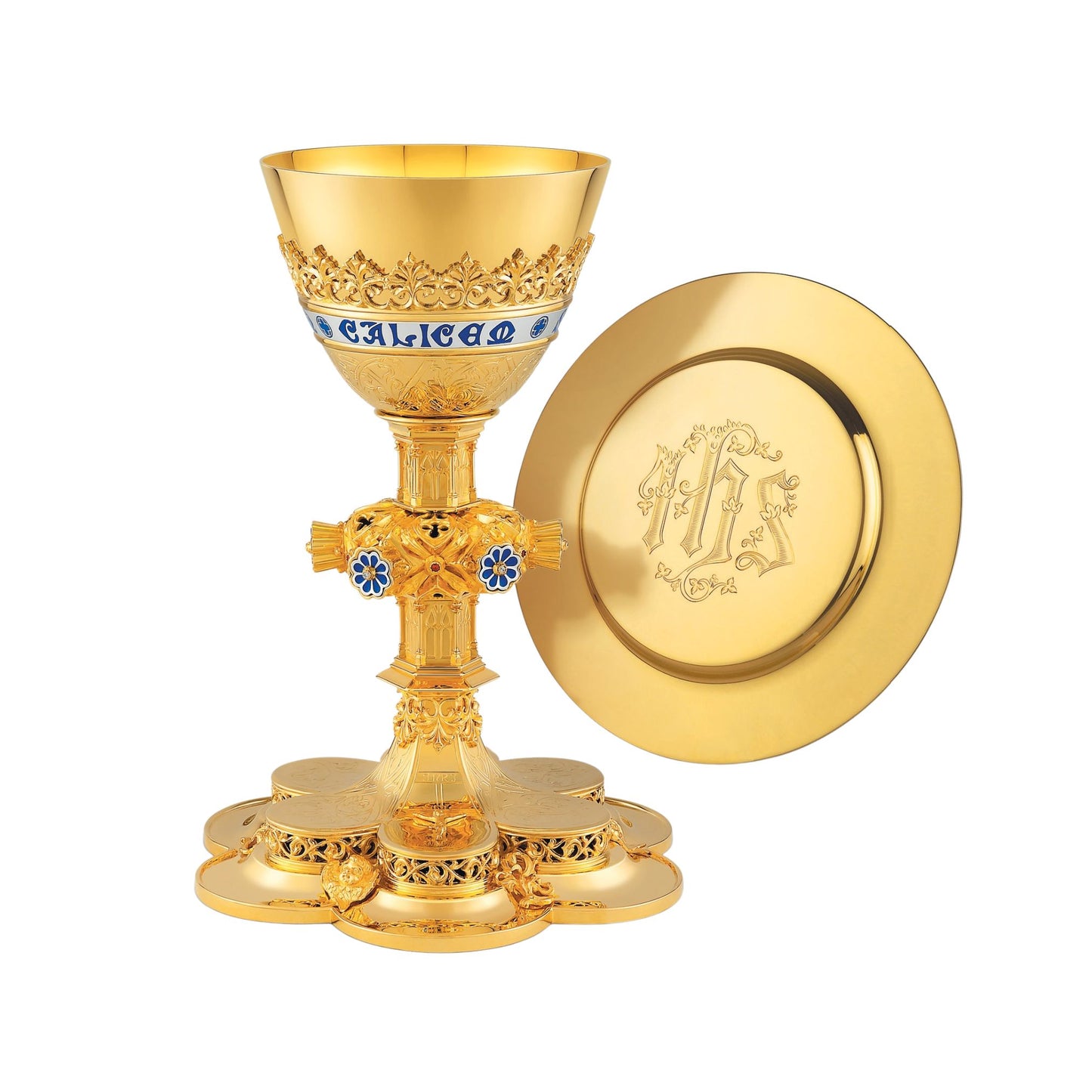 Chalice  & Scale Paten in neo-gothic style with enameled cup in
scription: “CALICEM SALUTARIS ACCIPIAM” , 8 5/8” Ht. sold by The Clergy Store