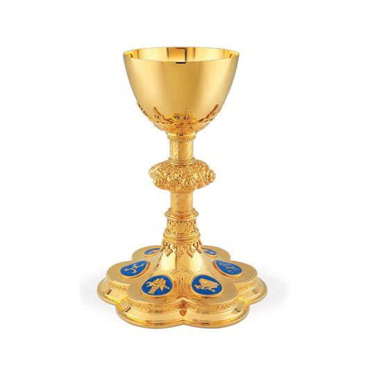 Chalice & Scale Paten in neo-gothic style with enameled medallions 
depicting symbols of the Four Evangelists, cross and Chi Rho symbol, 10 1/4” Ht. sold by The Clergy Store