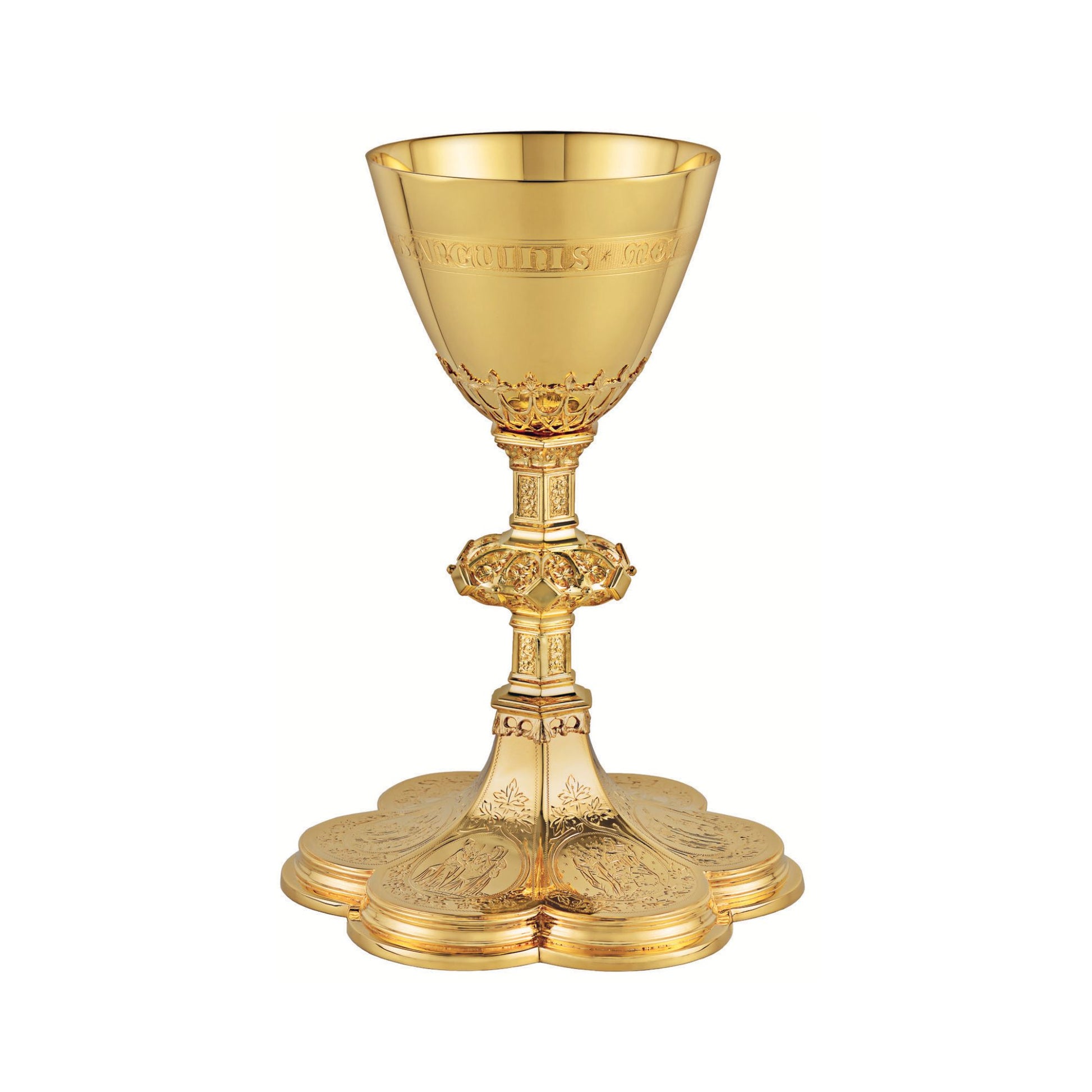 Chalice & Scale Paten in neo-gothic style with scenes from the Old 
Testament, and cup inscription: “HIC EST ENIM CALIX SANGUINIS MEI”  9” Ht. sold by The Clergy Store